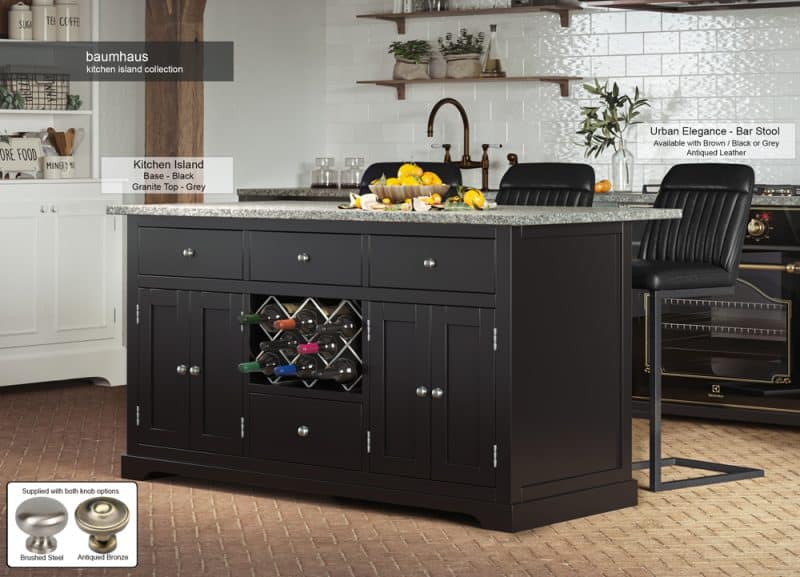 Baumhaus Black Kitchen Island With Grey Granite Worktop