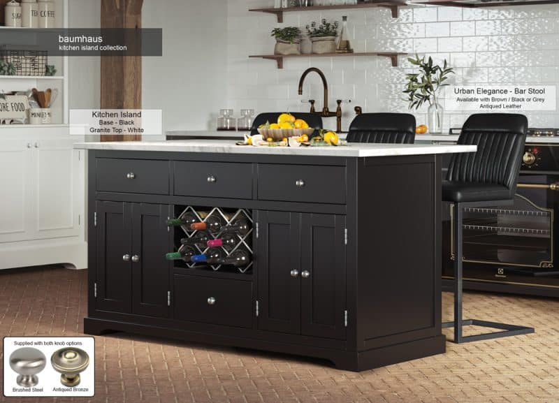 Baumhaus Black Kitchen Island With White Marble Worktop