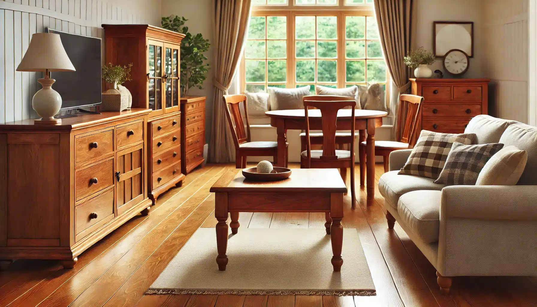 a living room with a table and chairs