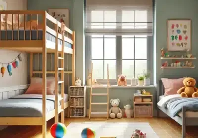 A children's bedroom with a bunk bed on one side and a single bed on the other. The room is bright and cheerful with colourful walls, playful decorati