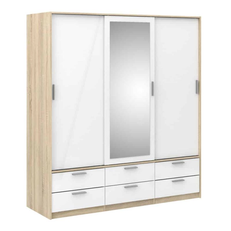 Furniture To Go Line 3 Door Wardrobe 6 Drawers Oak White High Gloss