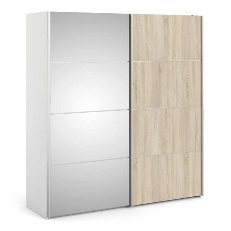 Furniture To Go Verona Sliding Wardrobe 180cm White Oak Mirrored 2 Shelves