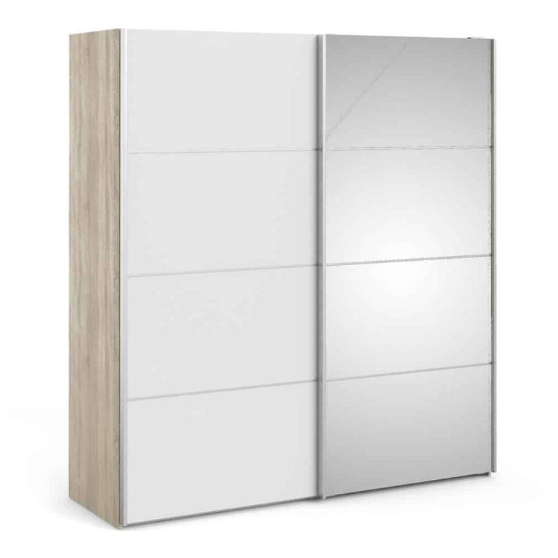 Furniture To Go Verona Sliding Wardrobe 180cm Oak White Mirrored 5 Shelves